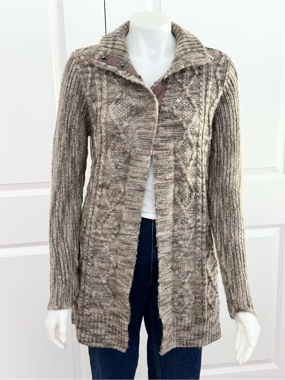 Prana Chunky Cable Knit Fall Long Cardigan Sweater Snap Button Collar Earth Tone